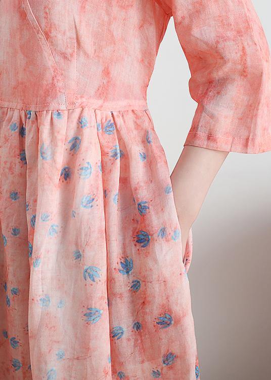 French v neck half sleeve linen summer clothes For Women pink floral Dresses - bagstylebliss