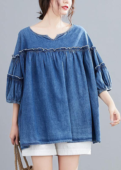 French v neck lantern sleeve cotton summer top Outfits denim blue shirts - bagstylebliss