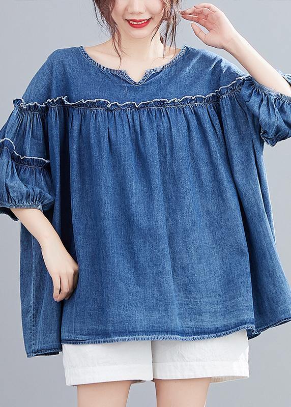 French v neck lantern sleeve cotton summer top Outfits denim blue shirts - bagstylebliss