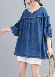 French v neck lantern sleeve cotton summer top Outfits denim blue shirts - bagstylebliss