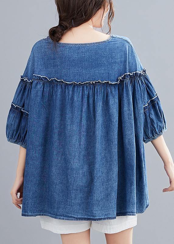 French v neck lantern sleeve cotton summer top Outfits denim blue shirts - bagstylebliss