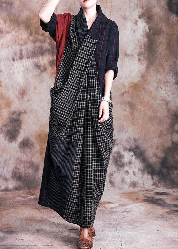 French v neck linen Long Shirts pattern plaid patchwork Dress fall - bagstylebliss