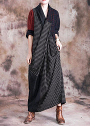 French v neck linen Long Shirts pattern plaid patchwork Dress fall - bagstylebliss