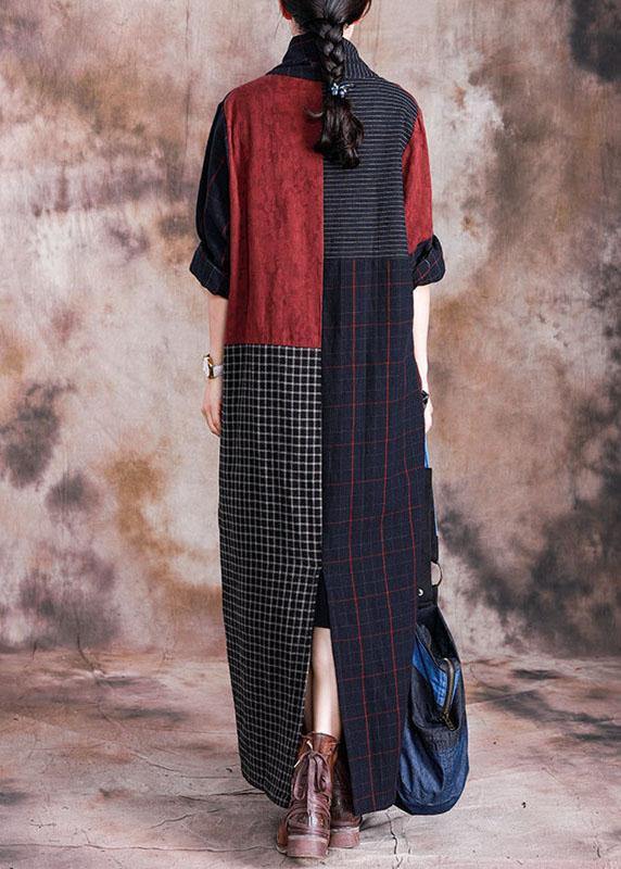 French v neck linen Long Shirts pattern plaid patchwork Dress fall - bagstylebliss