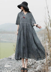 French v neck linen clothes For Women Catwalk gray Dress summer - bagstylebliss