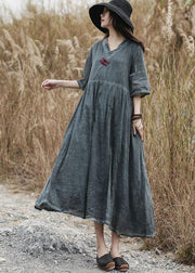 French v neck linen clothes For Women Catwalk gray Dress summer - bagstylebliss