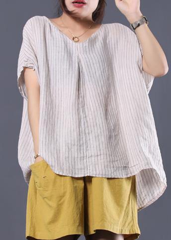 French v neck linen tunic pattern Sleeve white striped shirt summer - bagstylebliss