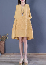 French v neck low high design linen summer dresses Shirts yellow Dress - bagstylebliss