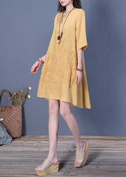 French v neck low high design linen summer dresses Shirts yellow Dress - bagstylebliss