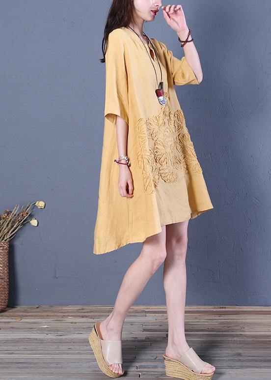 French v neck low high design linen summer dresses Shirts yellow Dress - bagstylebliss