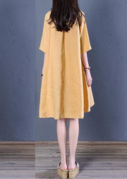 French v neck low high design linen summer dresses Shirts yellow Dress - bagstylebliss