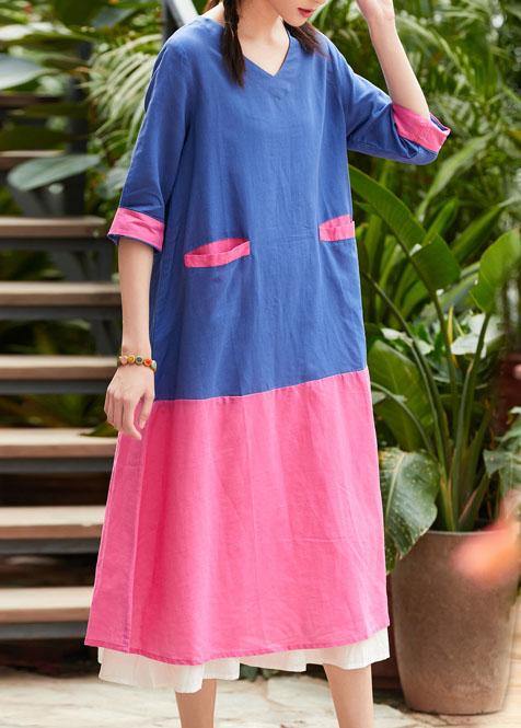 French v neck patchwork linen clothes For Women blue print Dress summer - bagstylebliss