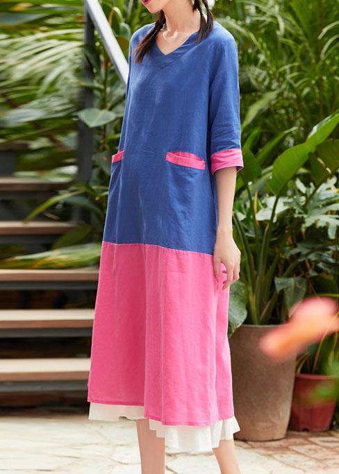 French v neck patchwork linen clothes For Women blue print Dress summer - bagstylebliss