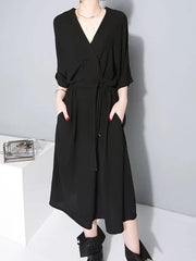 French v neck tie waist cotton clothes For Women Neckline black Robe Dresses - bagstylebliss