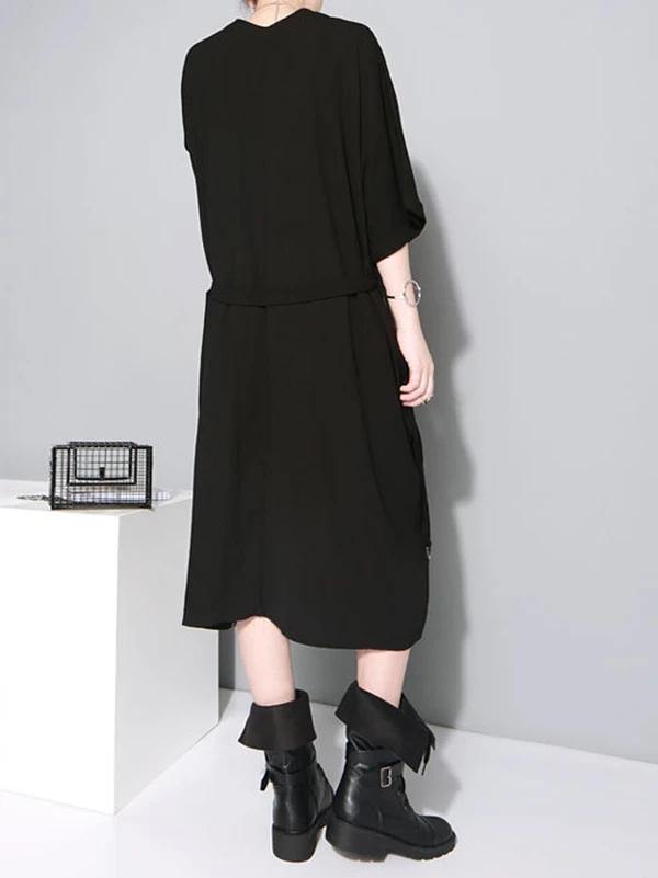 French v neck tie waist cotton clothes For Women Neckline black Robe Dresses - bagstylebliss