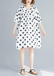 French v neck Cinched Tunics Shirts white dotted Dress summer - bagstylebliss