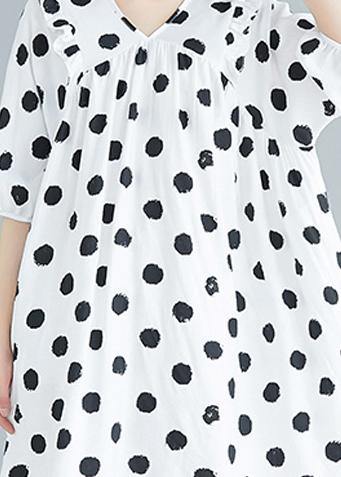 French v neck Cinched Tunics Shirts white dotted Dress summer - bagstylebliss