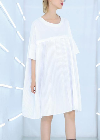 French white Cotton dresses Fine Work Outfits o neck Cinched Midi Summer Dress - bagstylebliss