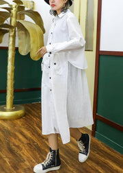 French white cotton shirt dress pattern pockets patchwork Maxi lapel Dress - bagstylebliss