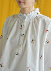 French white embroidery cotton crane tops stand collar Knee fall tops - bagstylebliss