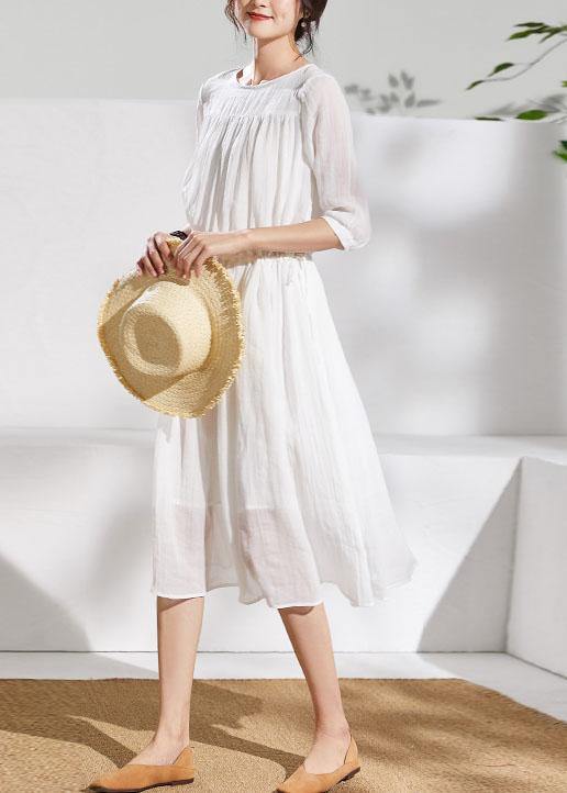 French white linen clothes For Women o neck half sleeve Midi summer Dress - bagstylebliss