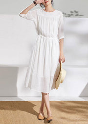 French white linen clothes For Women o neck half sleeve Midi summer Dress - bagstylebliss