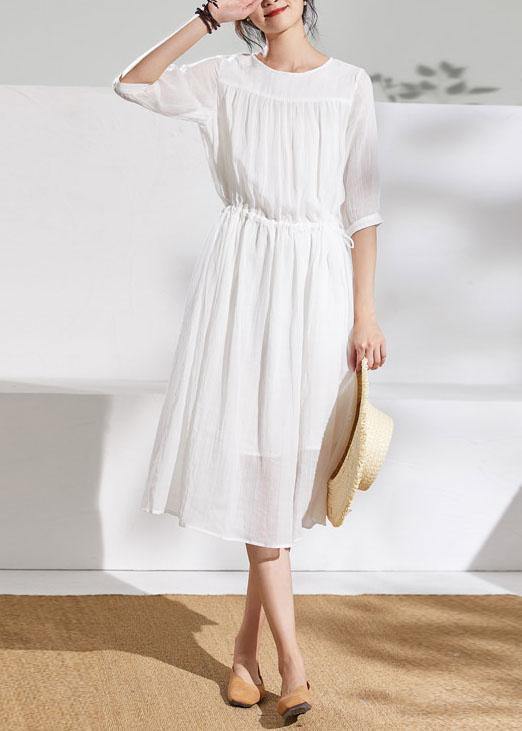 French white linen clothes For Women o neck half sleeve Midi summer Dress - bagstylebliss