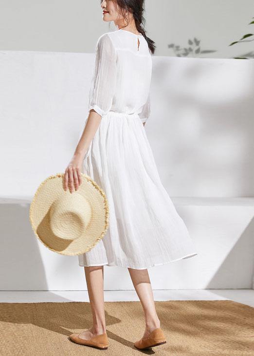 French white linen clothes For Women o neck half sleeve Midi summer Dress - bagstylebliss