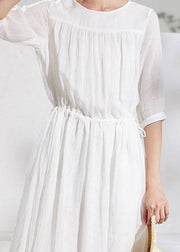 French white linen clothes For Women o neck half sleeve Midi summer Dress - bagstylebliss