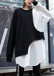 French white patchwork cotton box top asymmetric cotton fall blouse - bagstylebliss