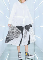 French white print cotton clothes Women lapel patchwork loose Dress - bagstylebliss