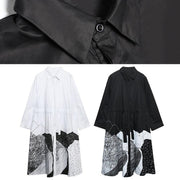 French white print cotton clothes Women lapel patchwork loose Dress - bagstylebliss