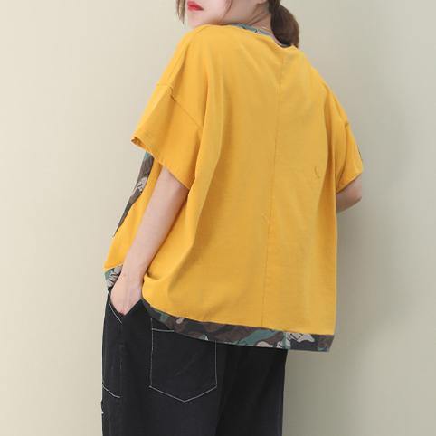 French yellow cotton Blouse o neck patchwork Knee top - bagstylebliss