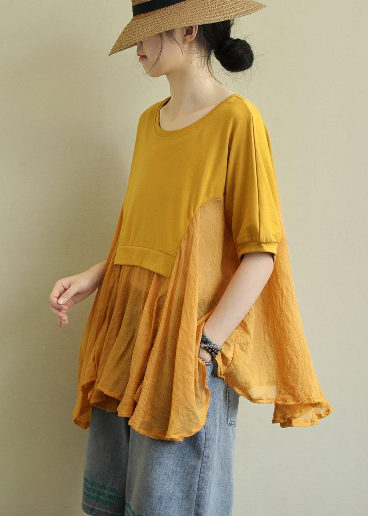 French yellow cotton blouses for women o neck patchwork Art blouses - bagstylebliss