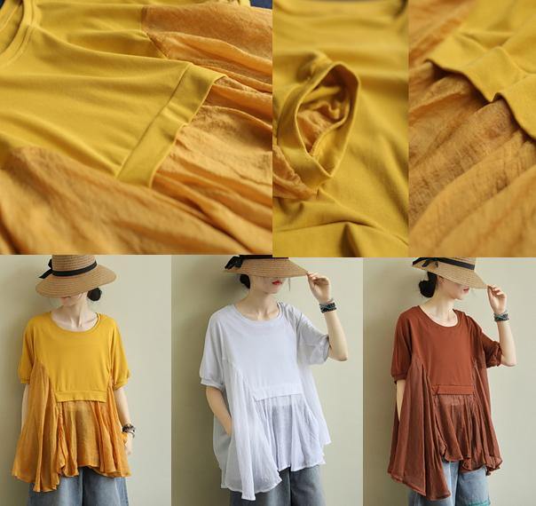French yellow cotton blouses for women o neck patchwork Art blouses - bagstylebliss