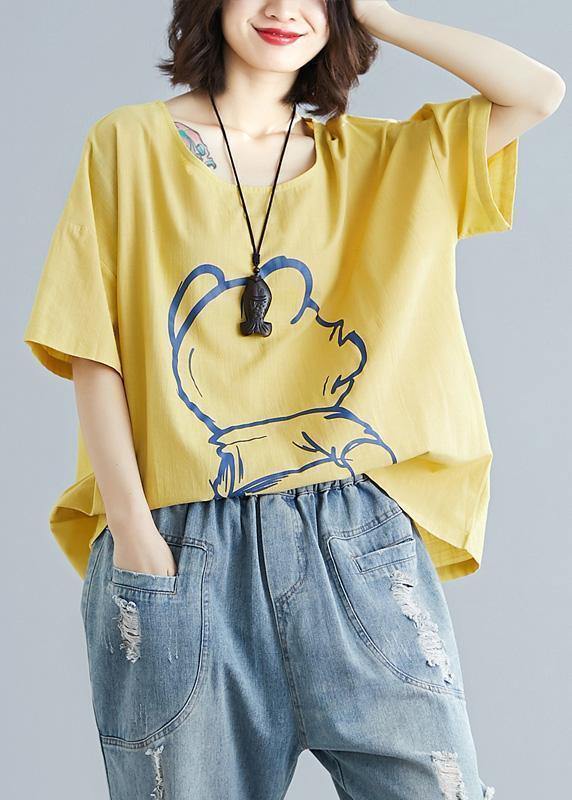 French yellow cotton clothes Cartoon print tunic summer shirts - bagstylebliss