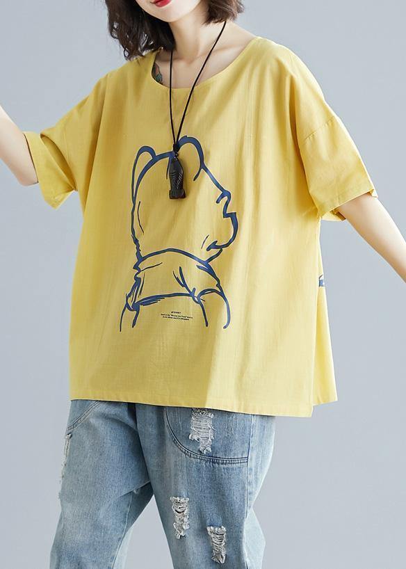 French yellow cotton clothes Cartoon print tunic summer shirts - bagstylebliss