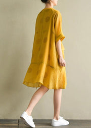 French yellow dotted linen chiffon blended dresses o neck drawstring baggy summer Dress - bagstylebliss
