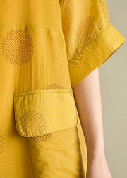 French yellow dotted linen chiffon blended dresses o neck drawstring baggy summer Dress - bagstylebliss