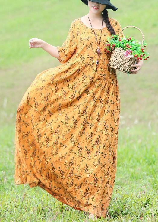 French yellow floral linen dress Casual Shirts o neck Half sleeve Plus Size Clothing Summer Dress - bagstylebliss