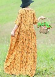 French yellow floral linen dress Casual Shirts o neck Half sleeve Plus Size Clothing Summer Dress - bagstylebliss