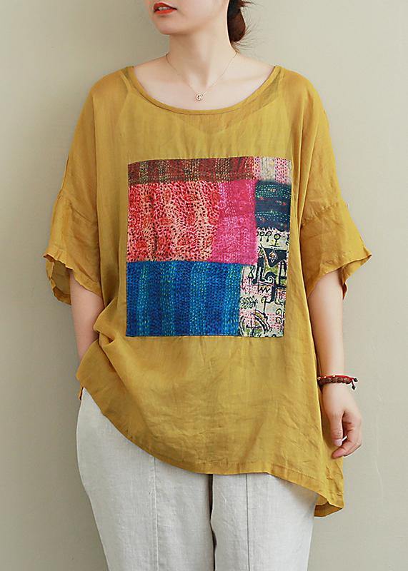 French yellow linen Blouse o neck patchwork summer top - bagstylebliss