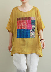 French yellow linen Blouse o neck patchwork summer top - bagstylebliss