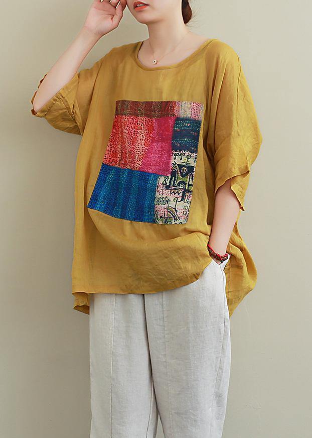 French yellow linen Blouse o neck patchwork summer top - bagstylebliss