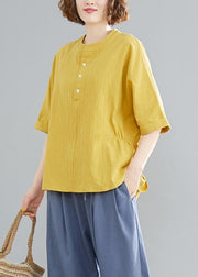 French yellow linen cotton linen tops women blouses Cotton Button Down elastic waist blouse - bagstylebliss