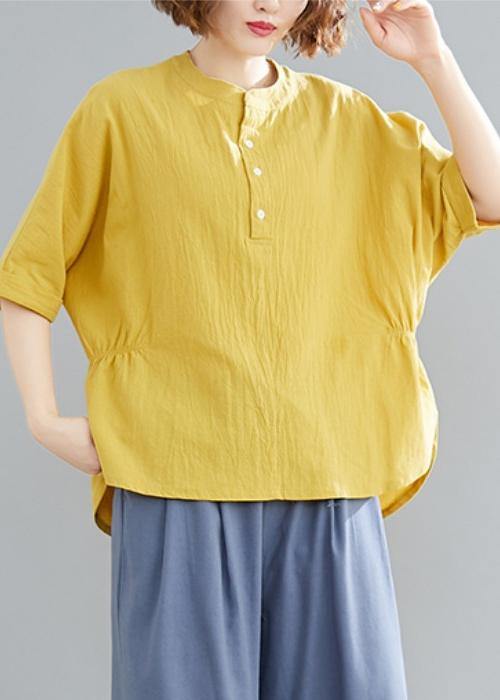 French yellow linen cotton linen tops women blouses Cotton Button Down elastic waist blouse - bagstylebliss