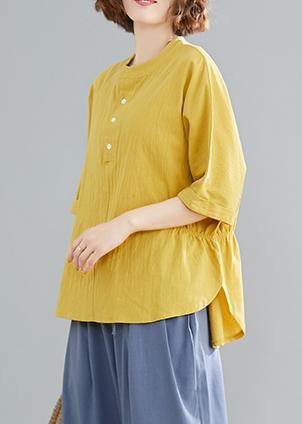 French yellow linen cotton linen tops women blouses Cotton Button Down elastic waist blouse - bagstylebliss