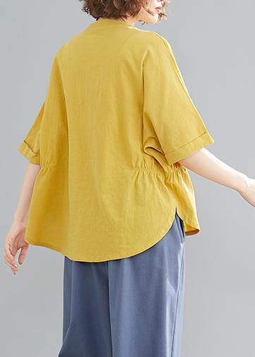 French yellow linen cotton linen tops women blouses Cotton Button Down elastic waist blouse - bagstylebliss