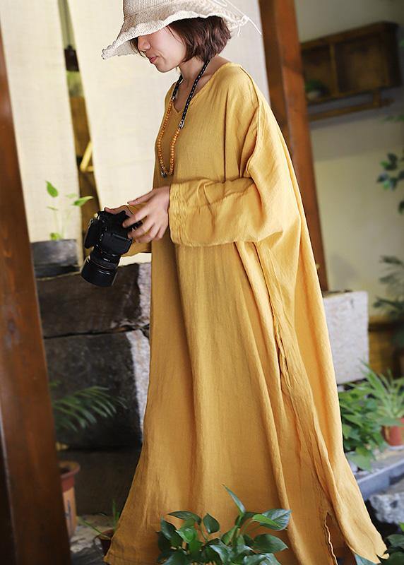 French yellow linen dresses side open linen robes v neck Dress - bagstylebliss