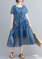 French Blue Organza-Kleid mit Stehkragen und halben Ärmeln